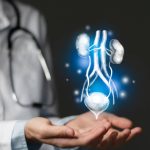 renal system issues medical concept. Photo of female doctor, empty space.